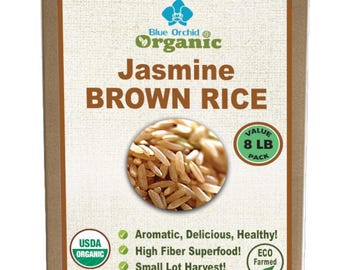 Arroz jazmín integral tailandés orgánico - Granos integrales, saludable, vegano, sin OMG - Superalimento natural, 8 libras