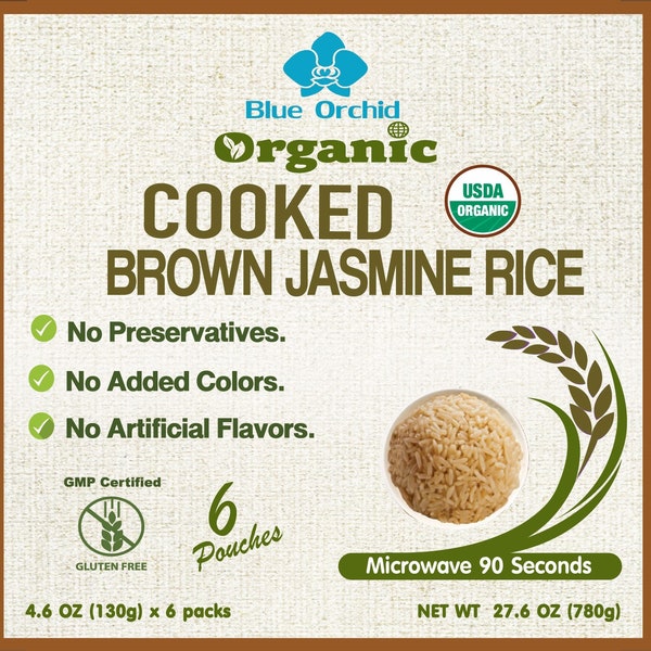 Organic Cooked Thai Brown Jasmine Rice - Microwavable Ready to Eat - 6 BPA-free Pouches