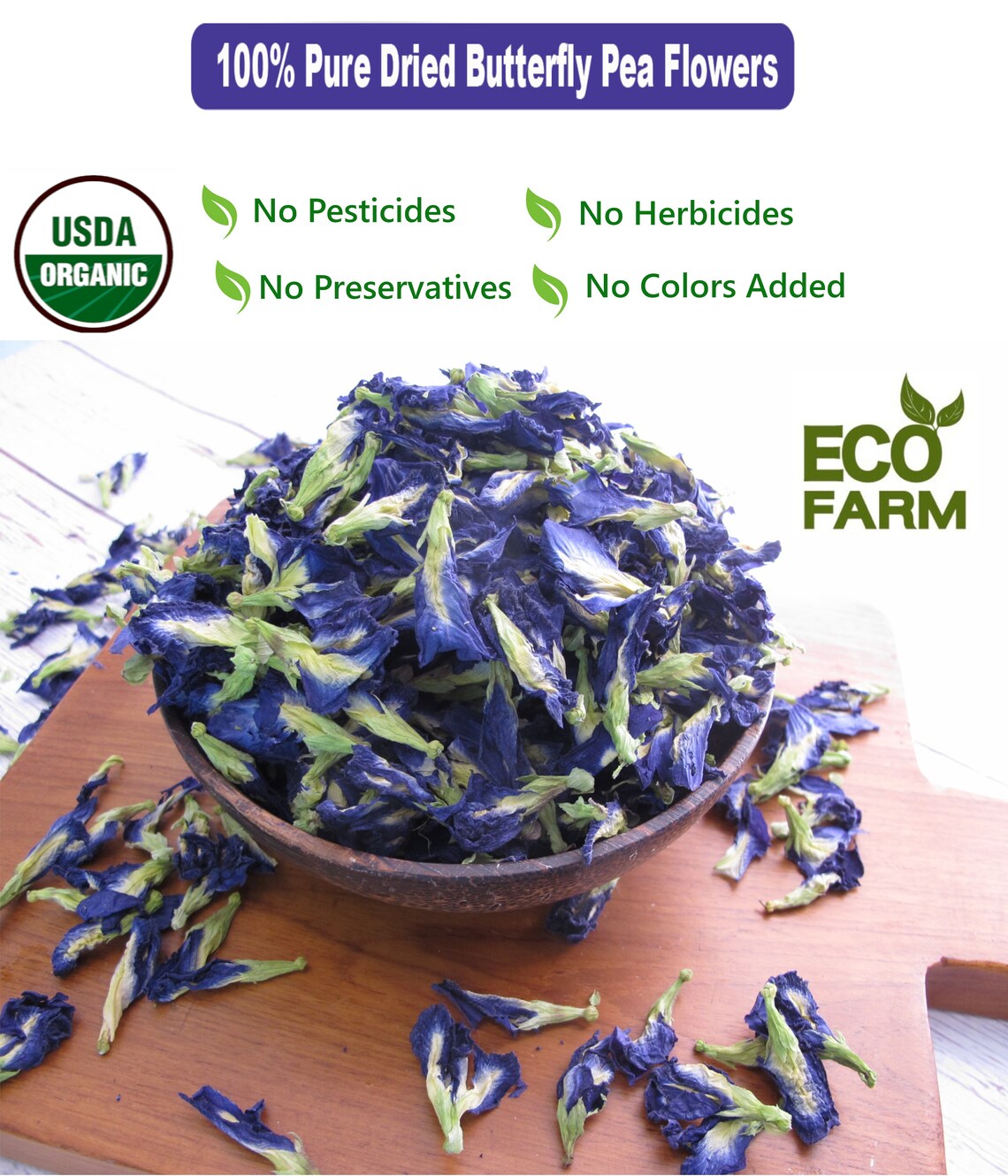 thumbnail image 2 of Organic Butterfly Pea Flower - Dried Whole Herb (Clitoria Ternatea) - Farm Fresh USA 2 of 5