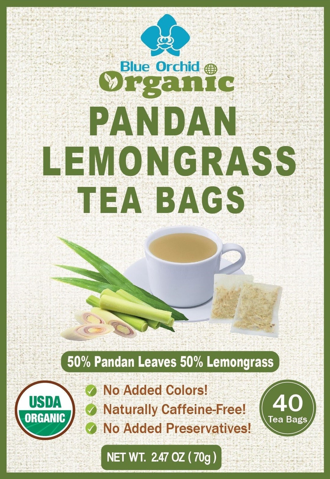 Organic Pandan Lemongrass 40 Tea Bags natural Corn Fiber Sachet thai