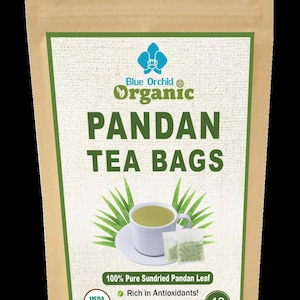 Puede incluir: Una bolsa de papel marr&oacute;n de bolsas de t&eacute; de pandan org&aacute;nico Blue Orchid. La bolsa presenta una etiqueta verde y blanca con el texto "Pandan Tea Bags" y una ilustraci&oacute;n de una taza de t&eacute;. La bolsa contiene 40 bolsitas de t&eacute;, peso neto 40g.
