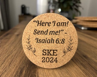 JW Gift | SKE graduate gift. Round cork coaster laser engraved.Available in English and French. EER