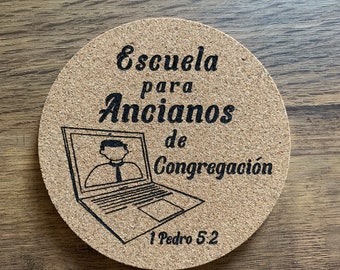 JW Elder School gift | SPANISH. JW Spanish cork coaster laser engraved. Jw gift for elders. Escuela para Ancianos de congregación. Jw French