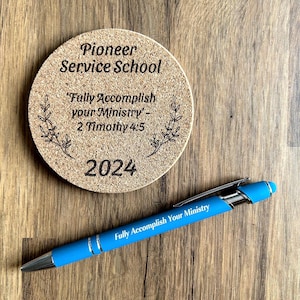 JW Pioneer School gift 2025 | Ballpoint black ink pen and laser engraved round cork coaster for pioneers. JW GIFT