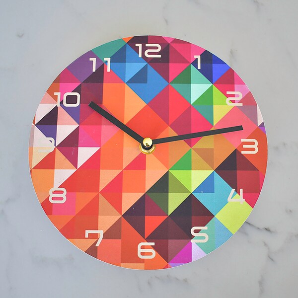 Grid Wall Clock with Numerals Colourful Mosaic Patterned Layout, Handmade Solid Wood Clock, Unique Farmhouse Wall Clock, Timepiece Clock