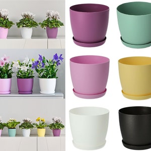 Flower Pots 6 Colours 8 sizes Matt Plastic Plant Pots Planter + Saucer Tray Deco