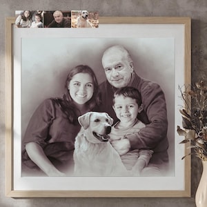 May include: A square framed portrait in sepia tones featuring a young adult, an older adult, and a child posing with a Labrador retriever. The artwork is displayed in a light wood frame with a white mat, showing a composite of four reference photos.