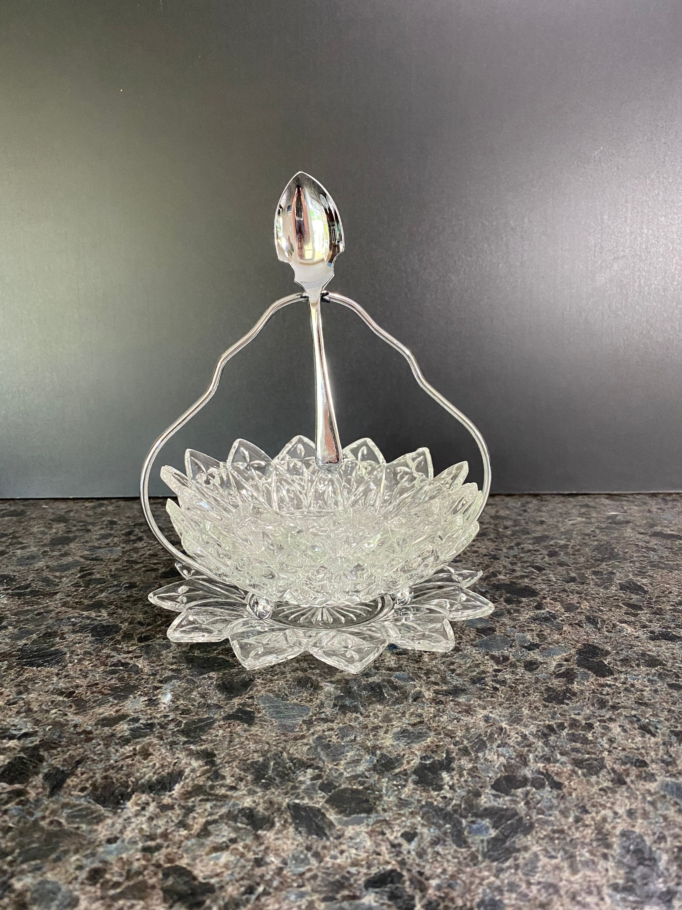 Vintage Sheffield Glass Jam/relish Serving Dish Set With Stand and