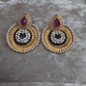 Pakistani Wedding Earrings: Purple, Green, and Pearl Indian Jewelry