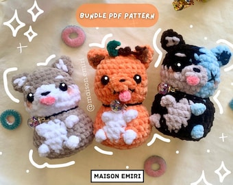 Może przedstawiać: Zestaw trzech wzorów amigurumi na szydełku przedstawiających dynię, psa i kota. Wzory są dostępne do pobrania w formacie PDF. Na zdjęciu widoczny jest tekst "BUNDLE PDF PATTERN" i "MAISON EMIRI".