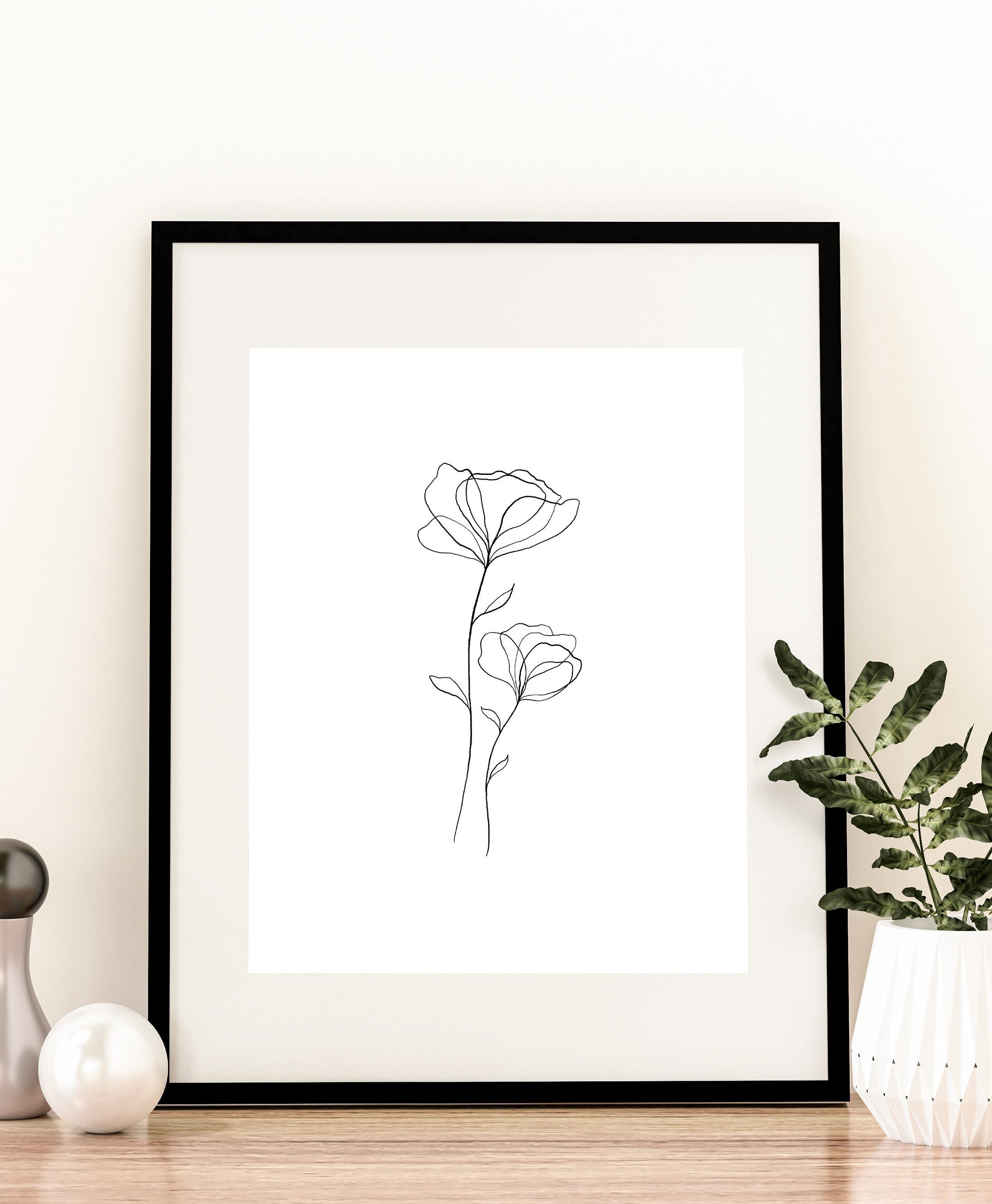 Flower Line Art Print, Line Drawing, Floral Printable Art, Digital ...