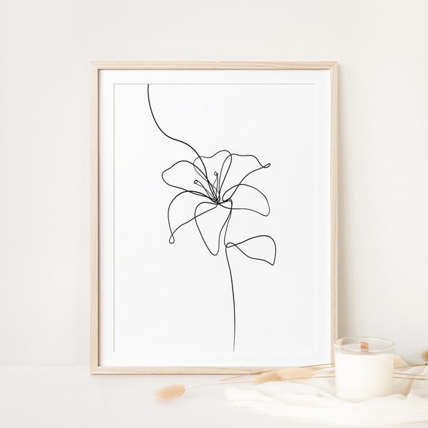 Lily Line Art, Flower Line Art Printable, One Line Flower Print, Continuous Single Line, Minimalist Flower Illustration