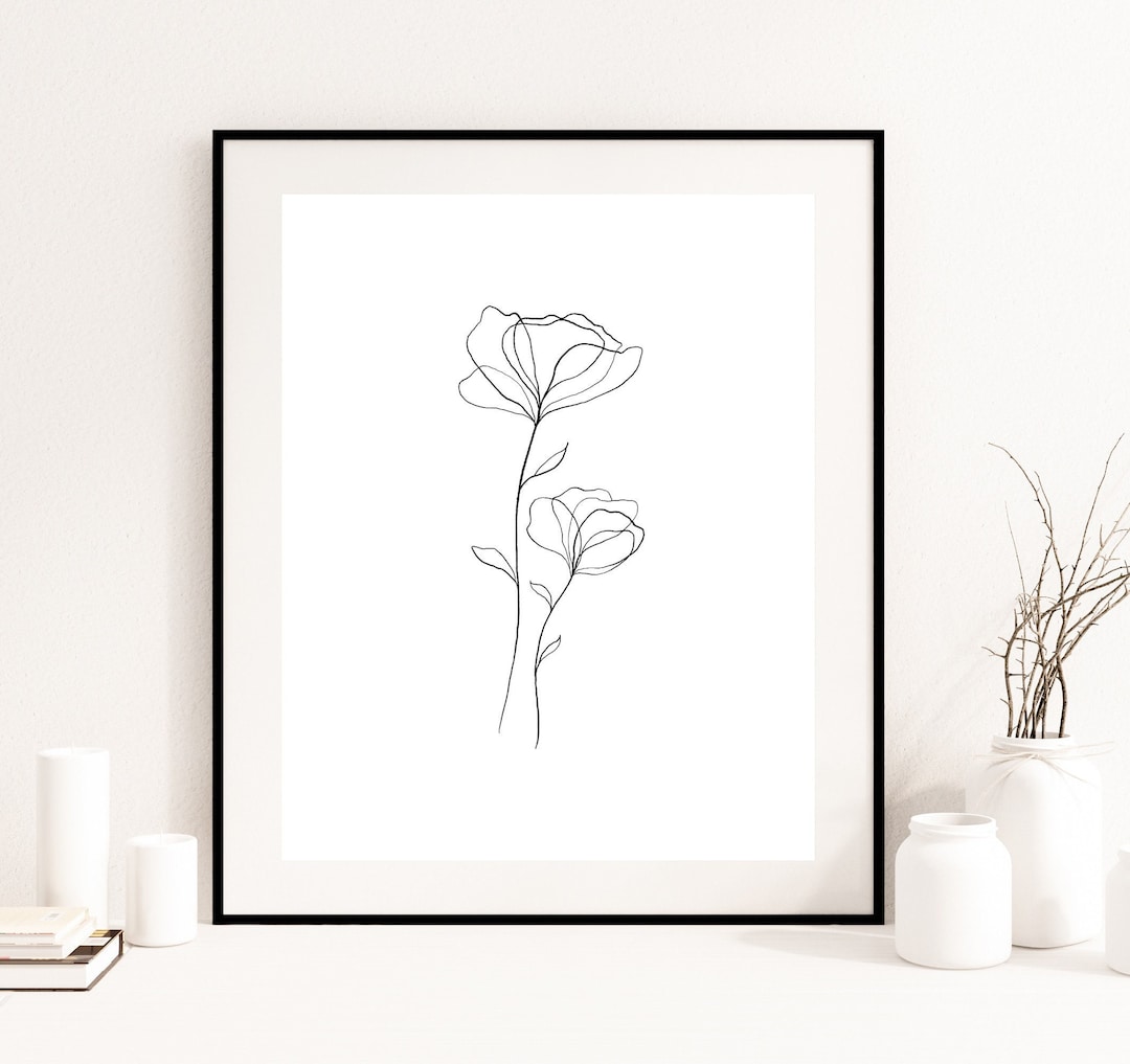 Flower Line Art Print, Line Drawing, Floral Printable Art, Digital ...