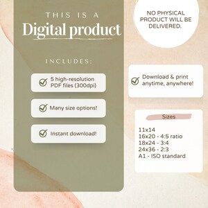 May include: Digital product advertisement with text: "This is a Digital product." Includes 5 high-resolution PDF files, many size options, and instant download. Sizes include 11x14, 16x20, 18x24, 24x36, and A1.