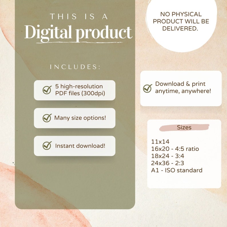May include: Digital product advertisement with text: "This is a Digital product." Includes 5 high-resolution PDF files, many size options, and instant download. Sizes include 11x14, 16x20, 18x24, 24x36, and A1.