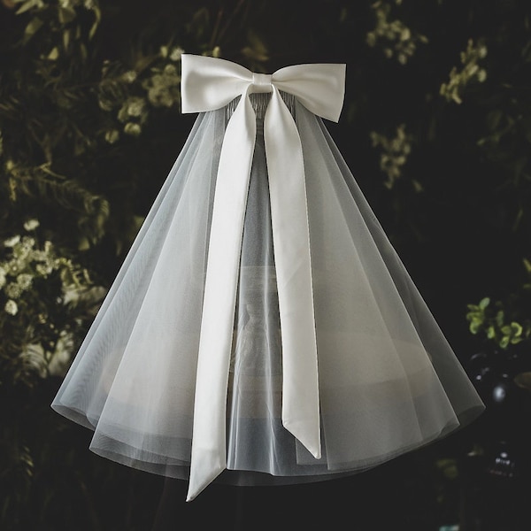 Cute Bow Wedding Veil Korean Wedding Veil Bridal Bow Veil White Veil Hair Bow Veil Shoulder Length Veil White Satin Bow Simple Bridal Veil