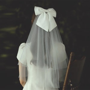 Hair Bow Wedding Veil Hairbow Bridal Veil Bow Veil White Veil Hair Bow Veil Elbow Length Wedding Veil White Satin Bow Two Layers Bridal Veil