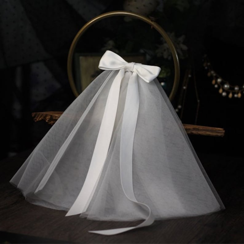 Cute Bow Wedding Veil Korean Wedding Veil Bridal Bow Veil White Veil Hair Bow Veil Shoulder Length Veil White Satin Bow Simple Bridal Veil image 7