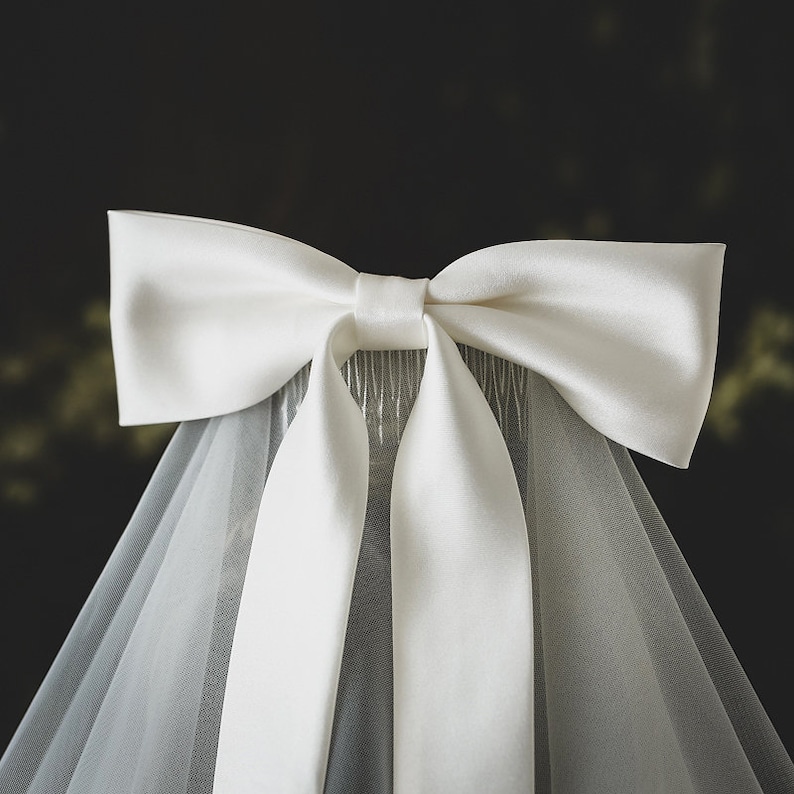 Cute Bow Wedding Veil Korean Wedding Veil Bridal Bow Veil White Veil Hair Bow Veil Shoulder Length Veil White Satin Bow Simple Bridal Veil image 4
