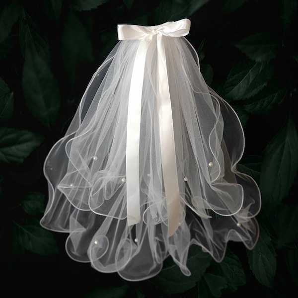 Ruffle Edge Wedding Veil Korean Wedding Veil Bridal Bow Veil White Veil Hair Bow Veil Shoulder Veil White Satin Bow Simple Bridal Veil