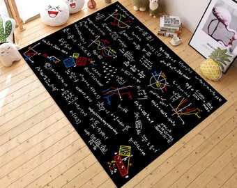 May include: Black and white rug with colorful mathematical equations and graphs. The rug features a variety of mathematical symbols, including integrals, derivatives, and trigonometric functions.