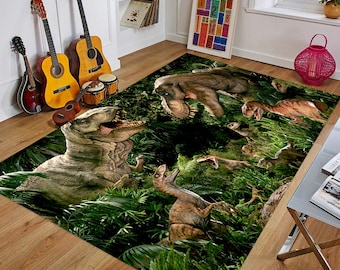Watercolor Dinosaurs Green Prehistoric Plants Area Rugs Living Room Floor Mat 