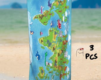Asciugamani con mappa del mondo, set di asciugamani per bambini, set di asciugamani da piscina, set di asciugamani doppi, telo mare personalizzato, regalo per le vacanze, telo mare, telo piscina con nome