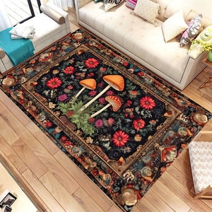 May include: A black and gold rug with a floral pattern and mushroom illustrations. The rug has a detailed border with intricate designs.