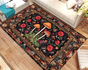 Gothic Rug,Meadow Mushroom Rug,Mashroom Rug,Woodland Rug,Goth Room Decor,Floral Rugs,Rugs For living Room,Aesthetic Rug,Victorian Goth Decor