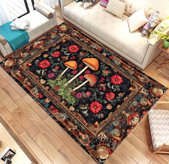 Gothic Rug,Meadow Mushroom Rug,Mashroom Rug,Woodland Rug,Goth Room Decor,Floral Rugs,Rugs For living Room,Aesthetic Rug,Victorian Goth Decor