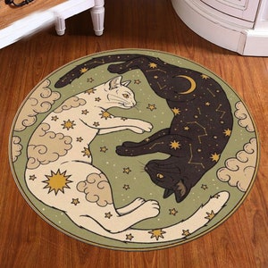 Sun Moon Rug, Cats Rug, Office Chair Mat, Yin Yang Cats, Youth Rug, Children&#39;s Room Rug,Gift Rug,Home Decoration,Living Room,Round Chair Mat