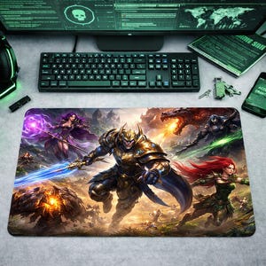 Fantasy Gaming Mouse Pad, Epic Battle Scene Desk Mat, Knight and Sorceress Keyboard Mat, RPG World Map Art, Gaming Mousepad, Gift for Gamers