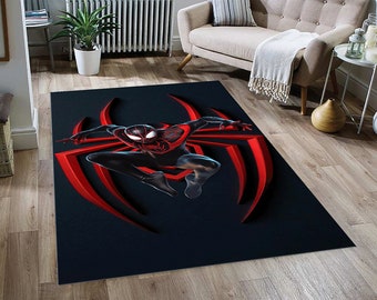 May include: A black and red area rug with a 3D image of Spider-Man in a black suit with red accents, standing on a red spider web.