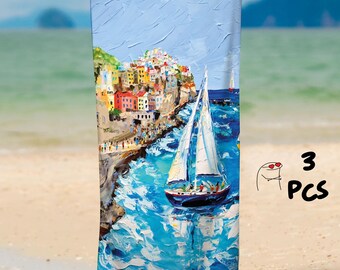 Asciugamano con dipinto ad olio, Set di teli mare con vista, Set di teli piscina, Set di teli doppi, Telo mare personalizzato, Regalo per le vacanze, Telo mare, Telo piscina con nome