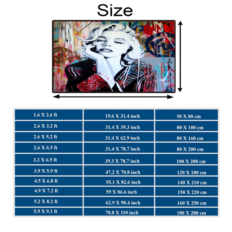 May include: A chart showing different sizes of a print with measurements in feet, inches, and centimeters. The print features a colorful abstract portrait of a woman with a red and white patterned shirt.