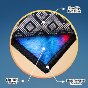 May include: Close-up of a rug showing the underside with a non-slip PVC base, soft fabric tissue, and a shiny polyester overlock stitch.