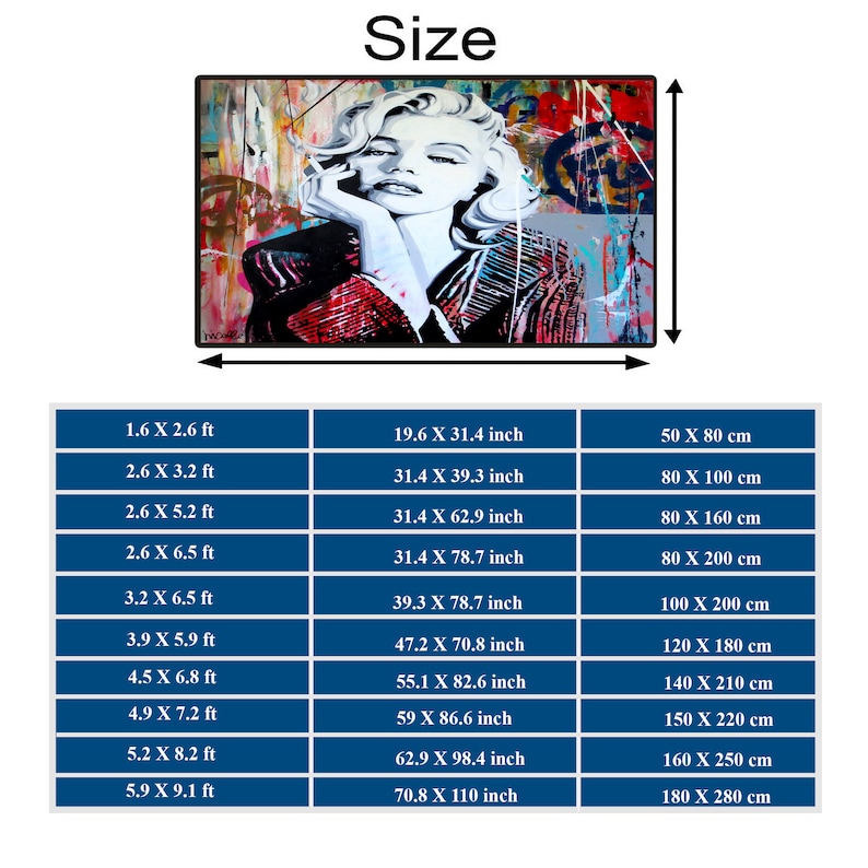 May include: A chart showing different sizes of a print with measurements in feet, inches, and centimeters. The print features a colorful abstract portrait of a woman with a red and white patterned shirt.
