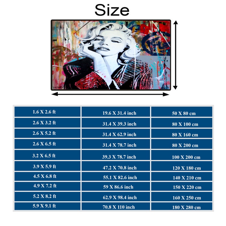 May include: A chart showing different sizes of a print with measurements in feet, inches, and centimeters. The print features a colorful abstract portrait of a woman with a red and white patterned shirt.