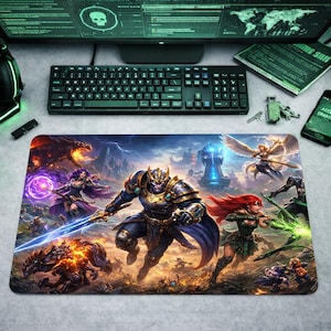Fantasy Gaming Mouse Pad, Epic Battle Scene Desk Mat, Knight and Sorceress Keyboard Mat, RPG World Map Art, Gaming Mousepad, Gift for Gamers