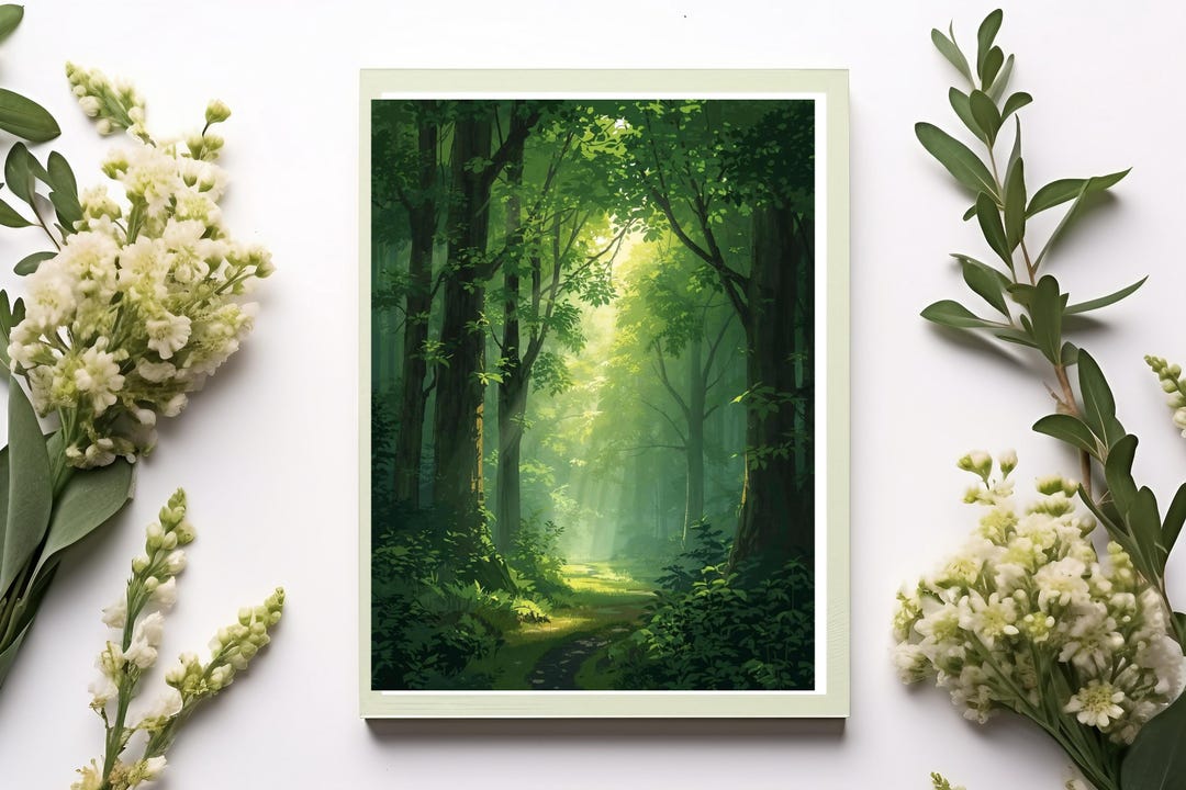 Forest Path Wall Art | Green Nature Printable | Sunlight Through Trees ...