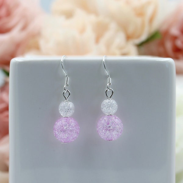 BOUCLES D'OREILLES rose, prune ou lilas en verre craquelé, originales, lumineuses et élégantes