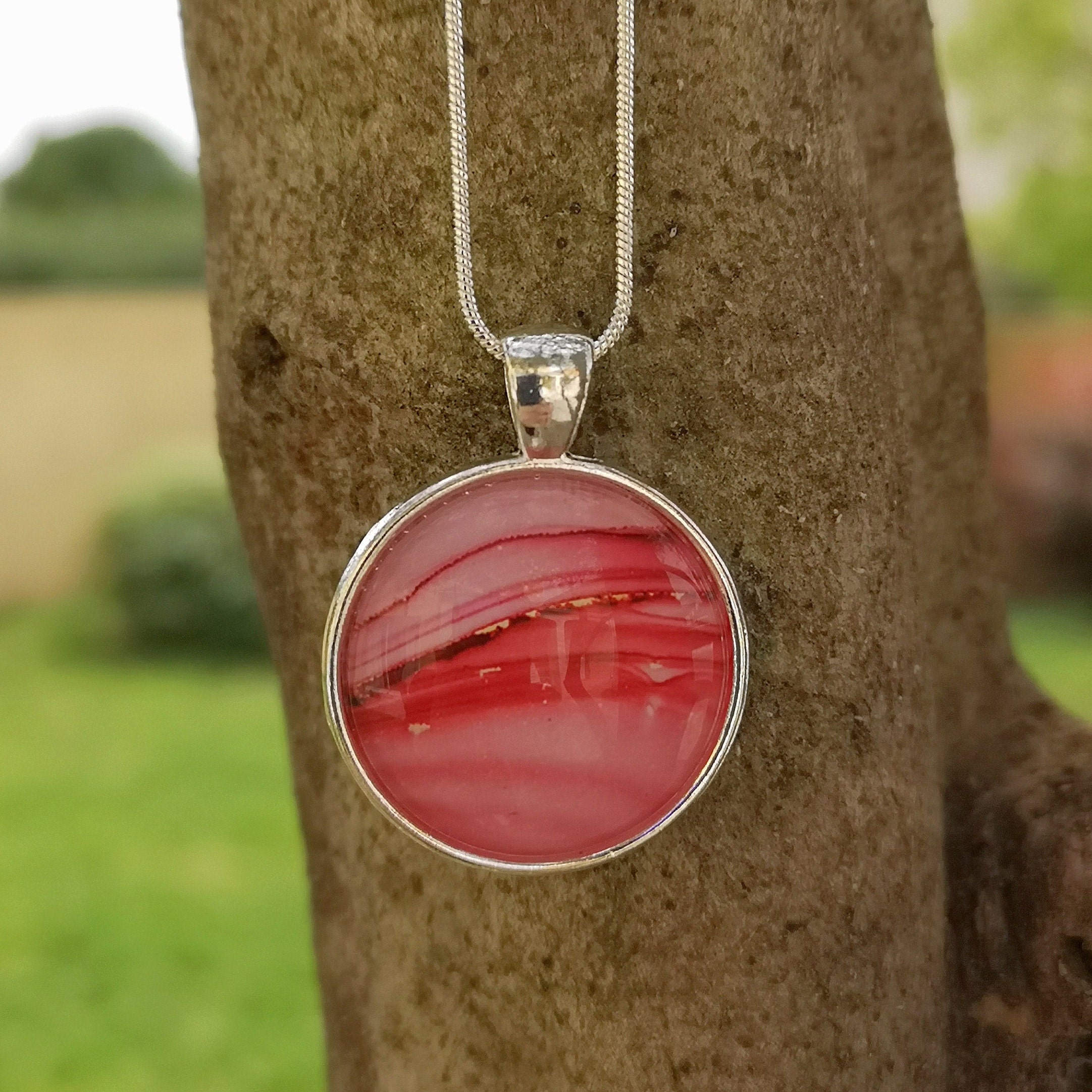 Collier Pendentif Argenté Verre Rose Rétro - Bijou Vintage Femme Cabochon