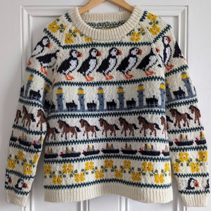 Knitting Pattern: Raglan Fair Isle featuring Lundy Puffin, Lighthouse, Pony, Boat and Flower