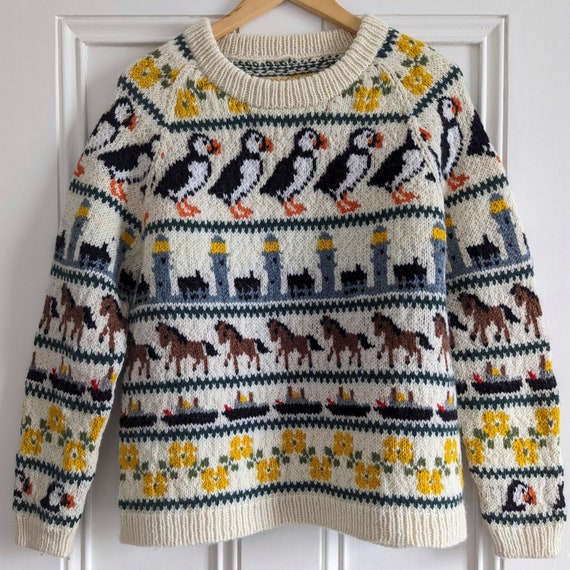 Knitting chart: lundy puffin, lighthouse, pony, boat and flower (incl.  basic knitting pattern instructions for a 107cm bust raglan jumper) - etsy