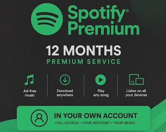 Può includere: Un grafico nero e verde con il logo Spotify Premium e il testo 12 MONTHS PREMIUM SERVICE. Le icone rappresentano musica senza pubblicità, download, riproduzione di brani e ascolto su tutti i dispositivi. Una barra verde riporta IN YOUR OWN ACCOUNT.