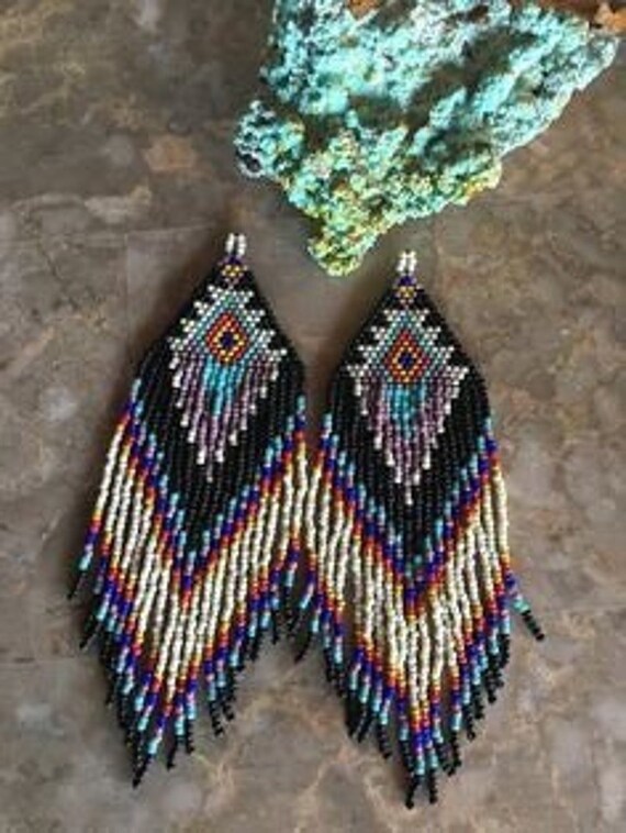 Beadwork earrings, Multi Colours earrings Beaded earrings Ethnic earrings  American native Seed beads earrings Fringe earrings Boho earrings