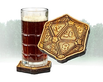 D20 Dice Coaster | 5 Inch Diameter | Thick Premium Wood | Deep Cut design