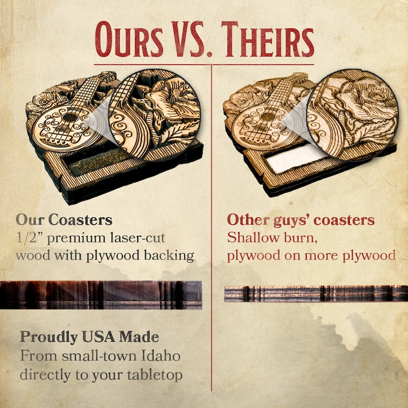 May include: A side-by-side comparison of two wooden coasters featuring a laser-cut design of a musical instrument. The left coaster is described as "Our Coasters" with the text "1/2" premium laser-cut wood with plywood backing". The right coaster is described as "Other guys' coasters" with the text "Shallow burn, plywood on more plywood". Both coasters are proudly made in the USA.