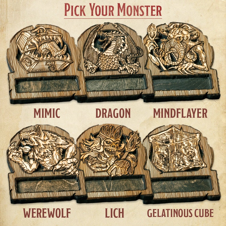 May include: Six wooden tokens featuring various monster illustrations and names. The tokens are labelled "Mimic", "Dragon", "Mindflayer", "Werewolf", "Lich", and "Gelatinous Cube".