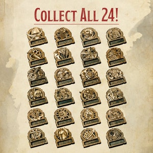 May include: A collection of 24 wooden plaques featuring a variety of designs, including mythical creatures, swords, and other fantasy elements. The plaques are all rectangular and have a dark brown finish. The text "COLLECT ALL 24!" is displayed at the top of the image.